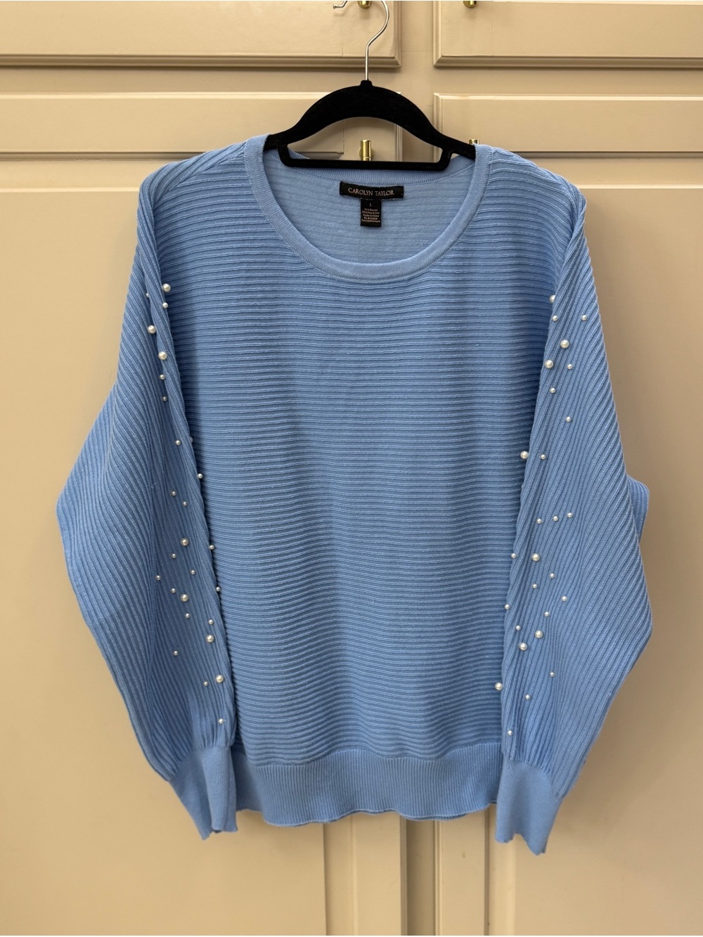 Carolyn Taylor Light Blue Pearl-Accent Ribbed Crewneck Sweater size large